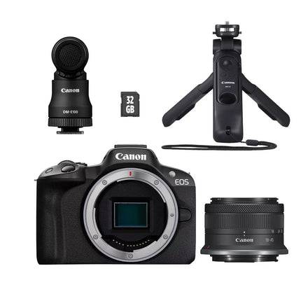 Canon EOS R50 Black + RF-S 18-45 F4.5-6.3 IS STM + Trípode + Micrófono – Kit para creadores de contenido