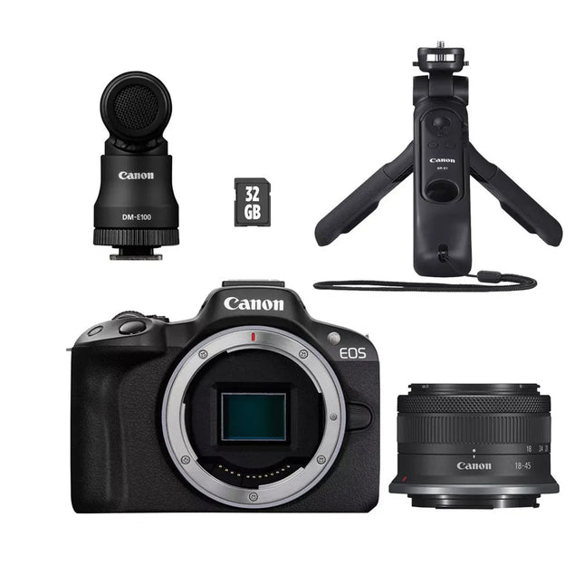 Canon EOS R50 Black + RF-S 18-45 F4.5-6.3 IS STM + Trípode + Micrófono – Kit para creadores de contenido
